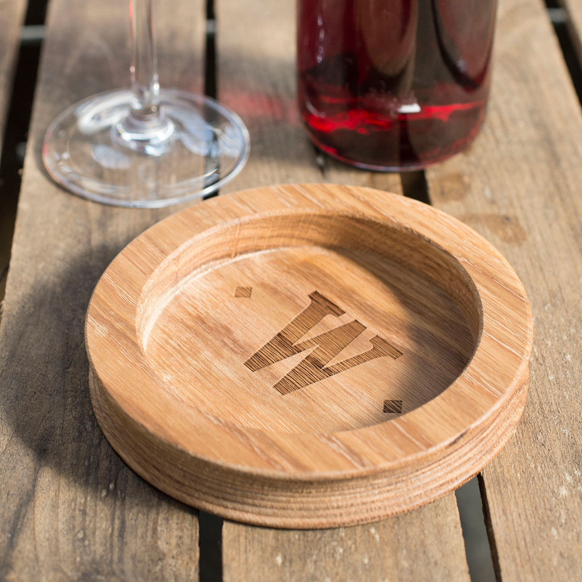 Personalised Wooden Wine Bottle Coaster Initial