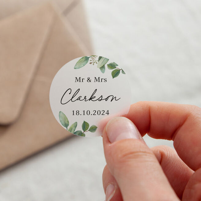 Personalised Custom Text Printed Wedding Stickers - Green Eucalyptus
