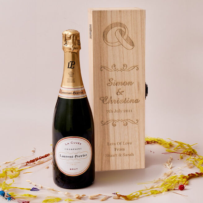 Engraved Wooden Box With Laurent-Perrier Champagne - Wedding Rings