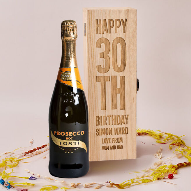 Engraved Wooden Box With Luxury Prosecco - 30th Birthday