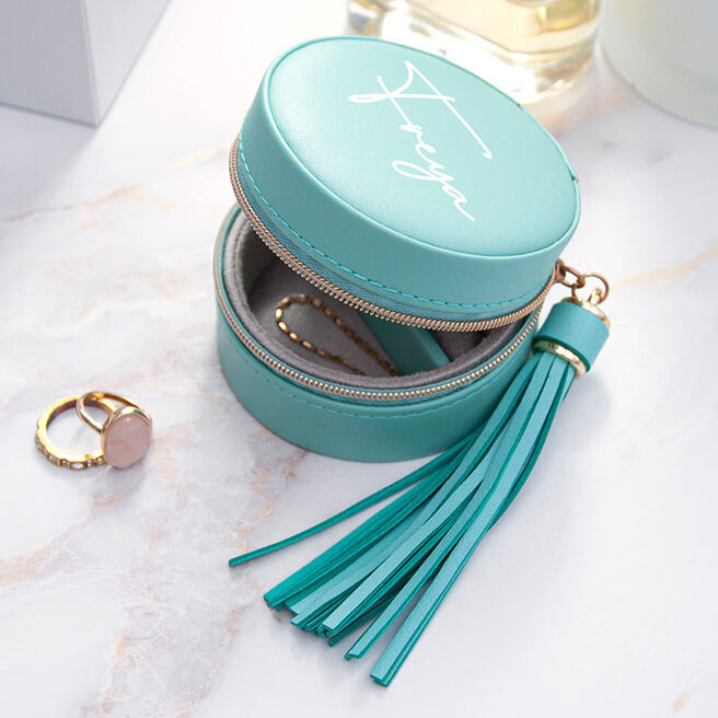 Personalised Turquoise Jewellery Case with Tassel