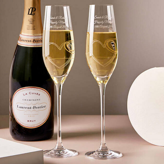 Engraved Swarovski String of Love Crystal Champagne Flute Pair With Laurent Perrier Champagne