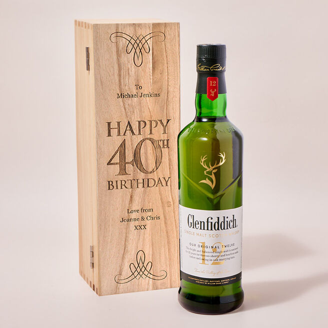 Engraved Wooden Box With Glenfiddich Whisky - 40th Birthday