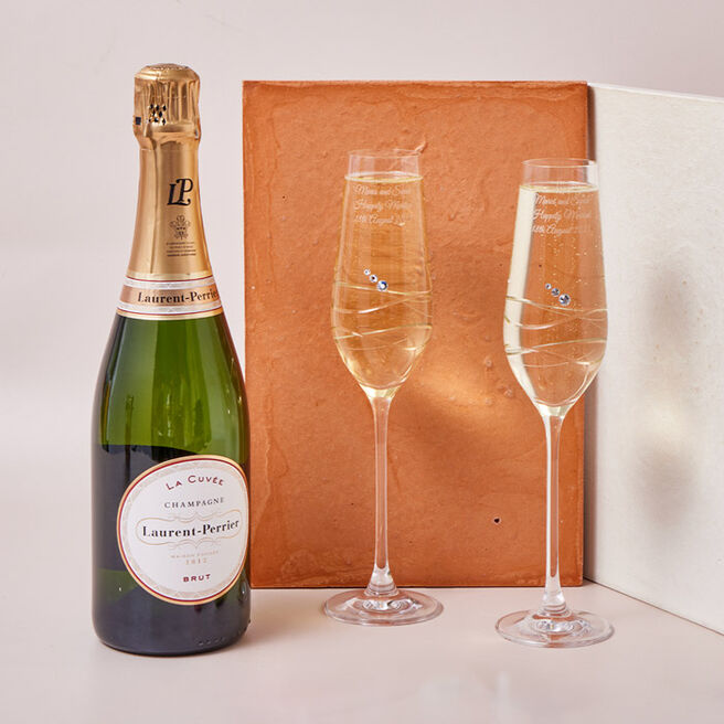 Engraved Set of 2 Crystal Champagne Flutes With Laurent Perrier Champagne - Anniversary