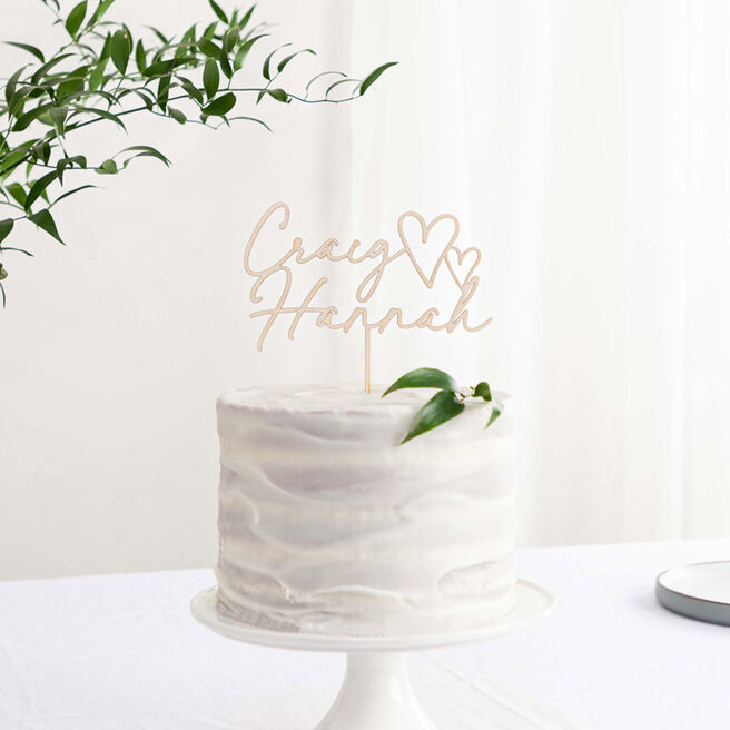 Personalised Wooden Wedding Cake Topper - Names & Hearts 
