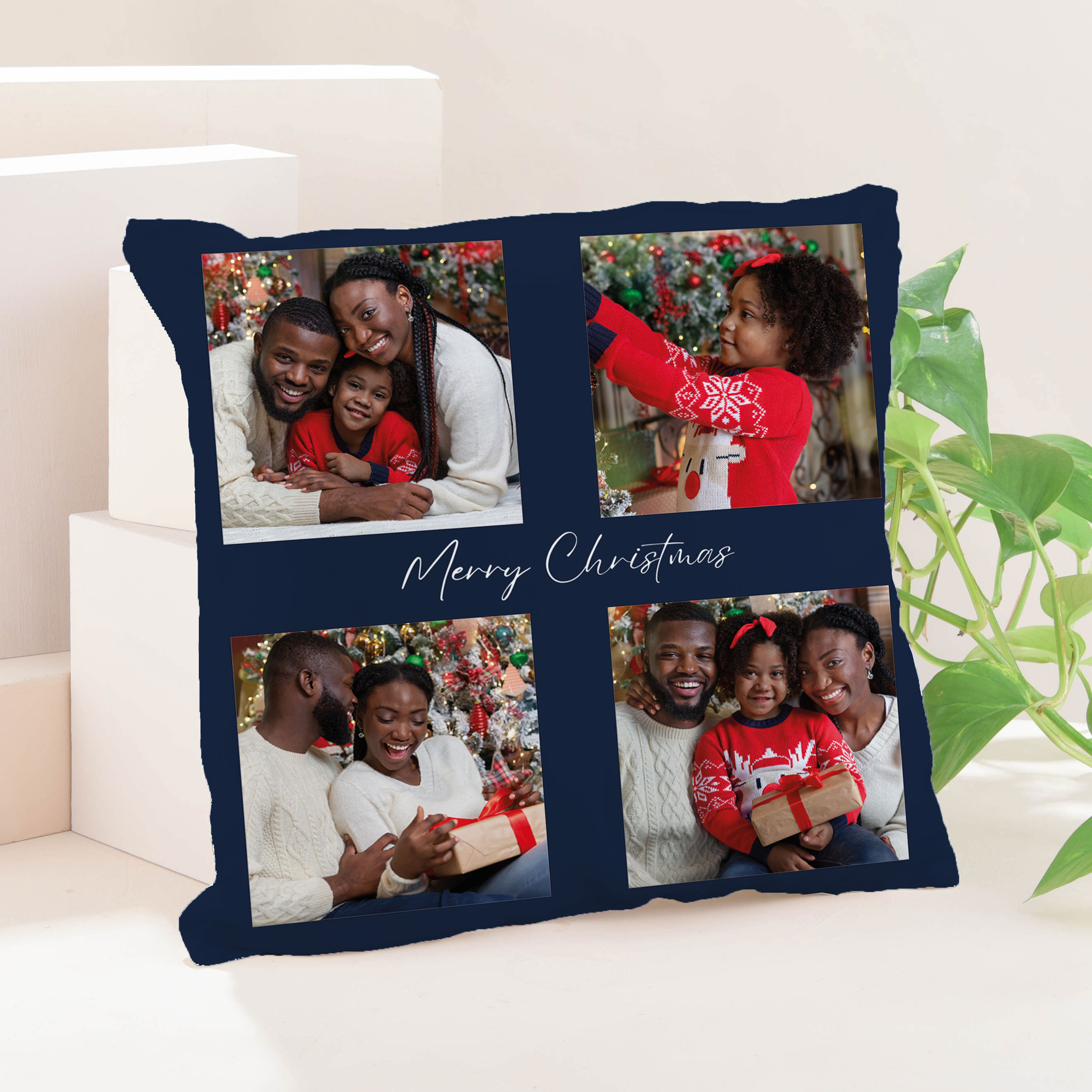 Personalised Photo Upload Cushion - Navy Merry Christmas 