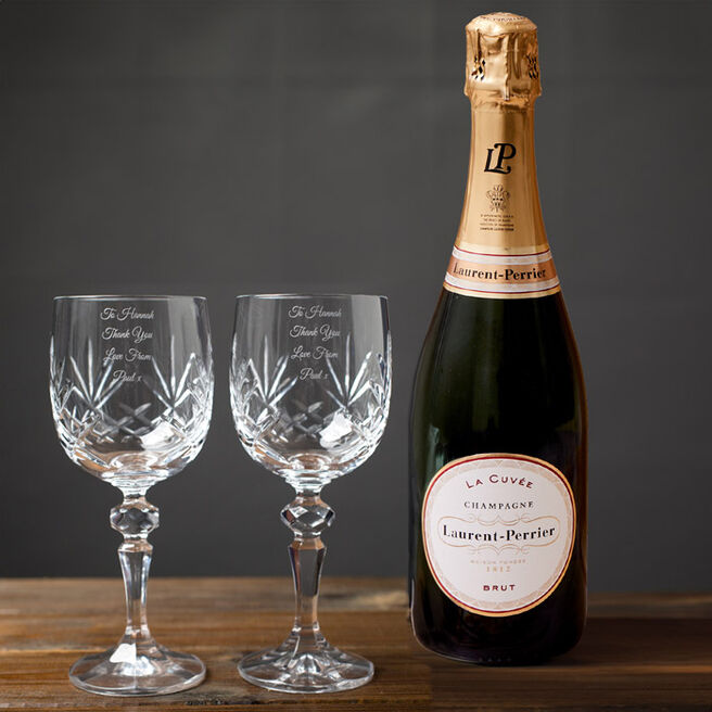 Personalised Set Of 2 Cut Crystal Wine Glasses With Laurent Perrier Champagne - Message