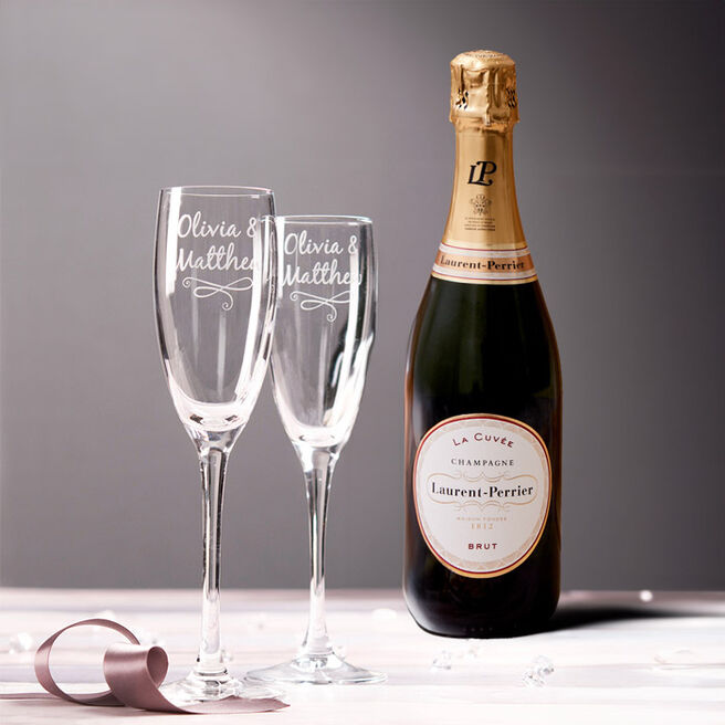 Personalised Set Of 2 Champagne Flutes With Laurent Perrier Champagne - Names
