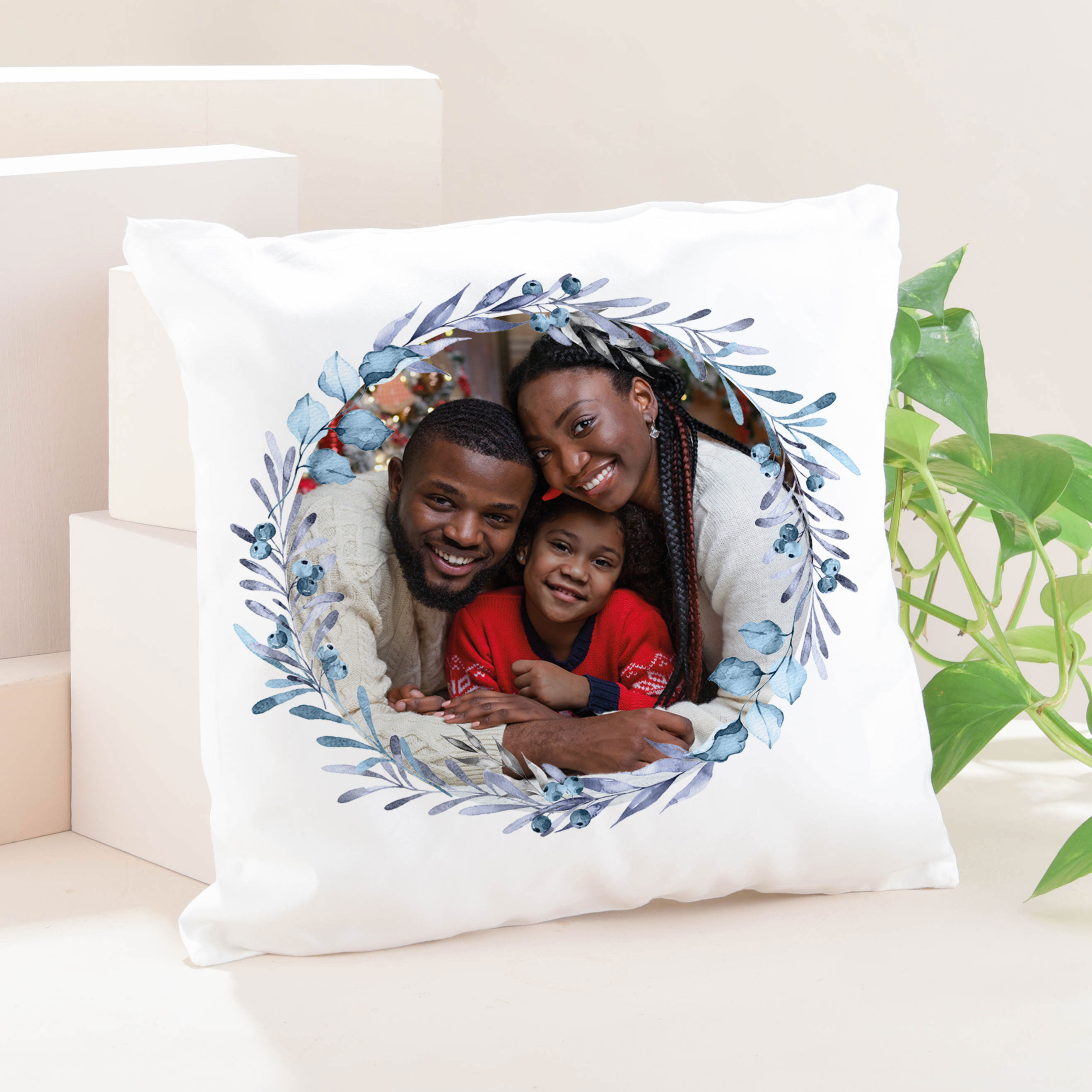 Photo Upload Cushion - Blue Christmas Wreath