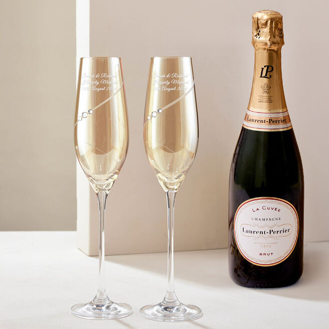 Engraved Amber Swarovski Elements Diamante Champagne Flute Set With Laurent Perrier Champagne