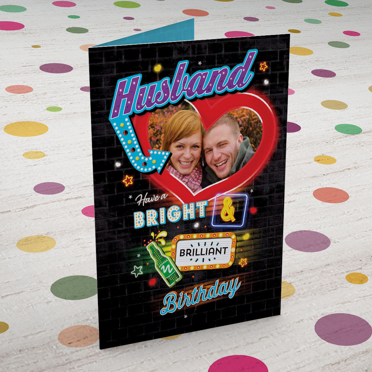 Photo Upload Birthday Card - Husband, Neon Signs