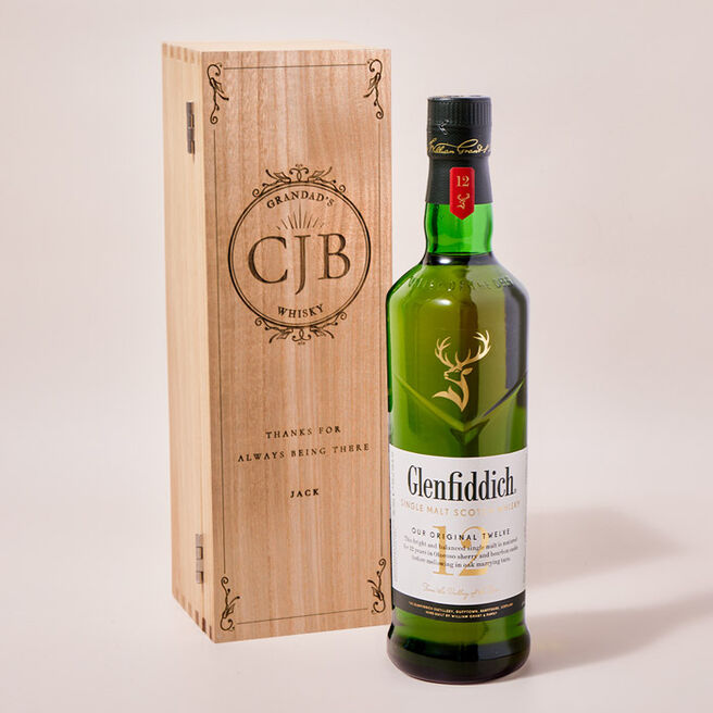 Personalised Luxury Wooden Whisky Box With Glenfiddich Whisky - Baroque Monogram