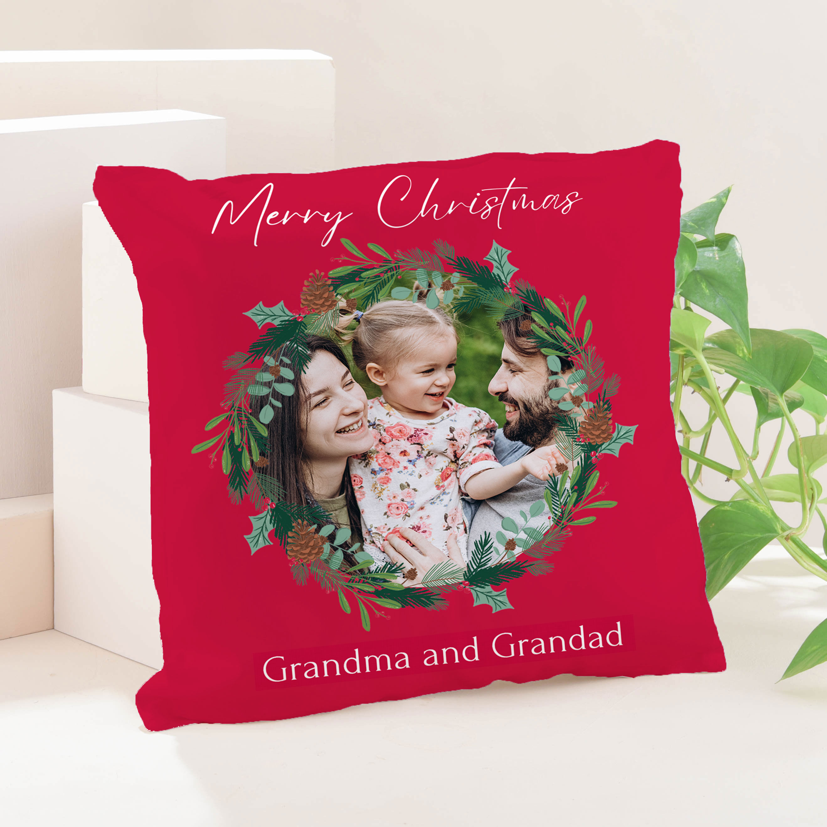 Personalised Photo Upload Cushion - Red Christmas Wreath 