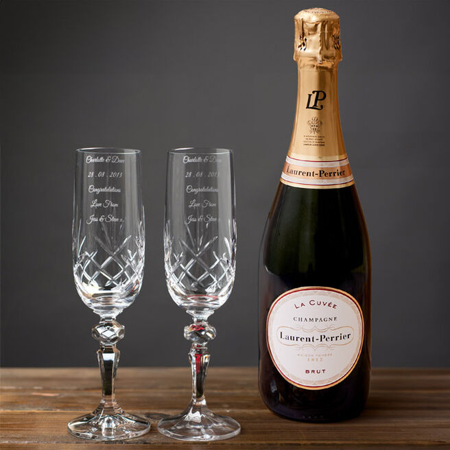 Engraved Cut Crystal Champagne Flutes With Laurent Perrier Champagne