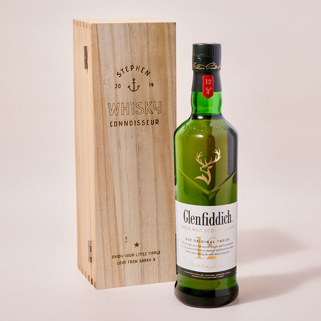 Engraved Luxury Wooden Whisky Box With Glenfiddich Whisky - Anchor