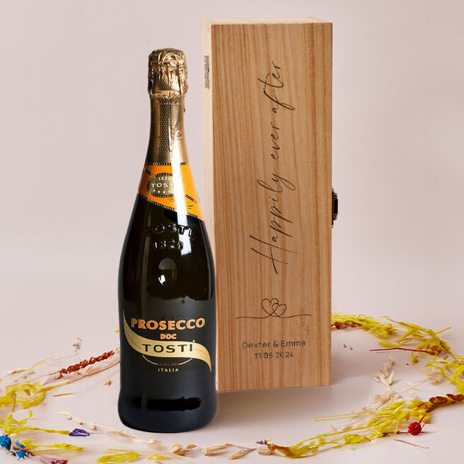 Engraved Wooden Box With Luxury Prosecco - Happily Ever After