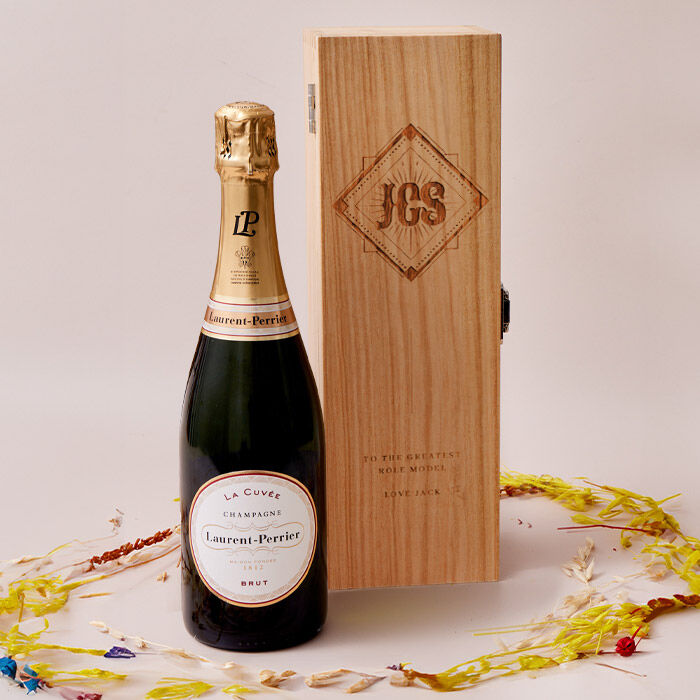 Engraved Wooden Box With Laurent-Perrier Champagne - Western Monogram