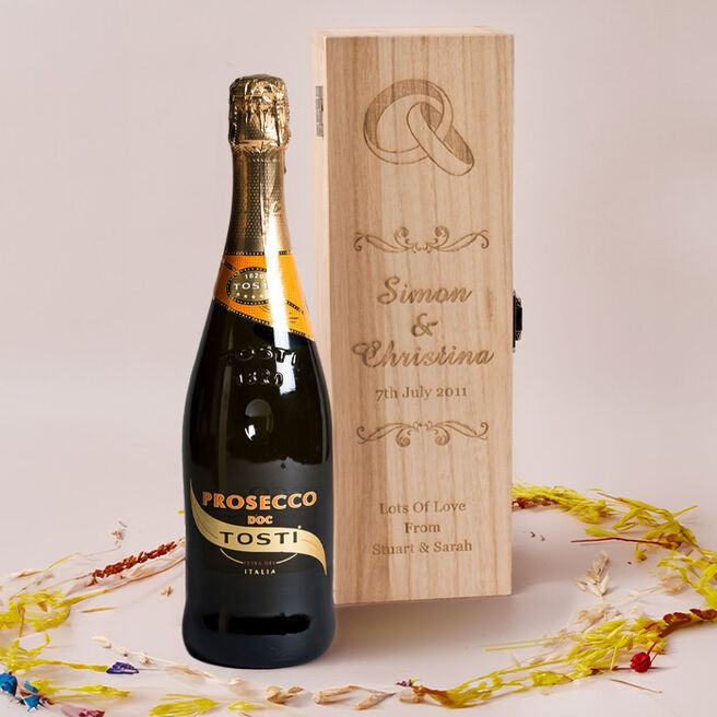 Engraved Wooden Box With Luxury Prosecco - Wedding Rings
