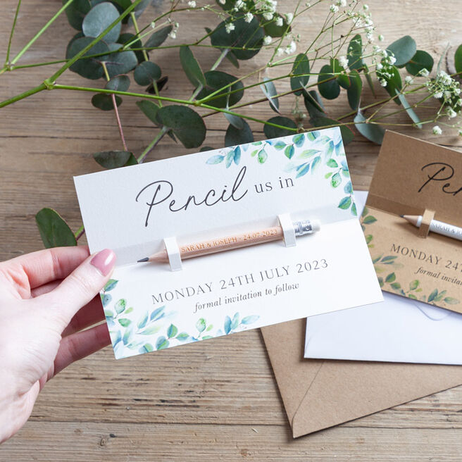 Personalised Pencil Us In Save the Dates - Green Eucalyptus