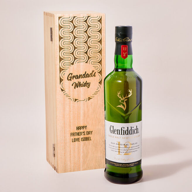 Engraved Luxury Wooden Whisky Box with Glenfiddich Whisky - Retro