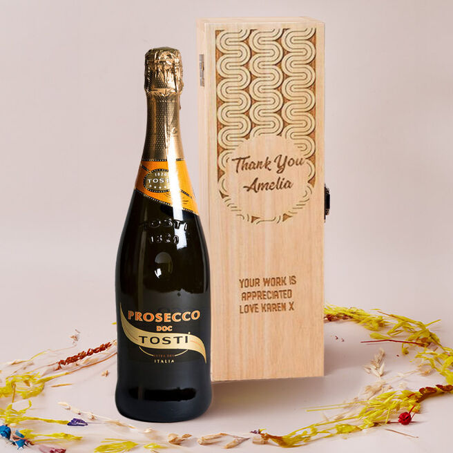 Engraved Wooden Box With Luxury Prosecco - Retro