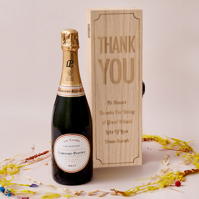 Engraved Wooden Box With Laurent-Perrier Champagne - Thank You