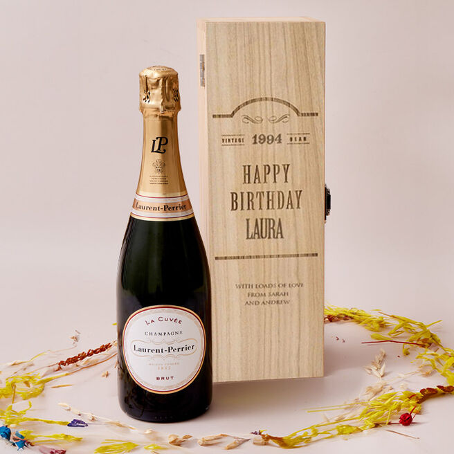 Engraved Wooden Box With Laurent-Perrier Champagne - Happy Birthday, Vintage Year