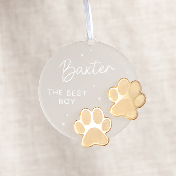 Personalised Hanging Christmas Decoration with Metallic Paw Prints