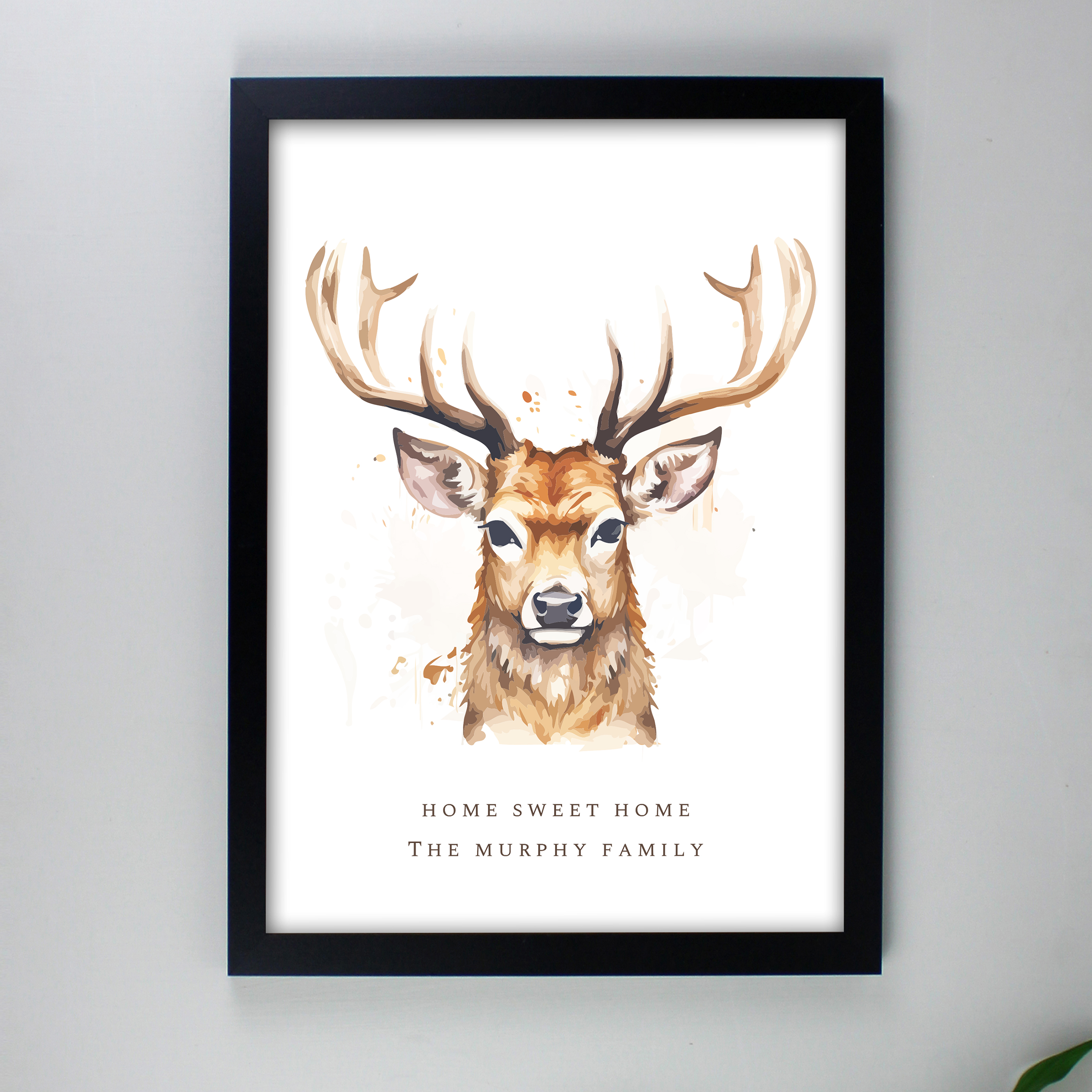 Personalised Water Colour Stag A4 Framed Print Black Frame