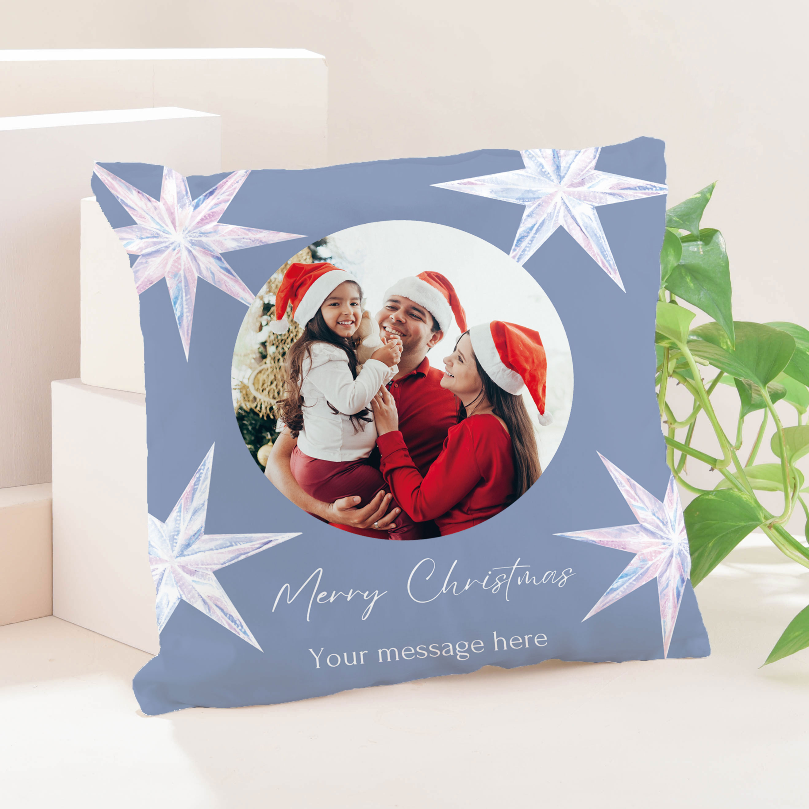 Photo Upload With Message Cushion - Blue Christmas Stars