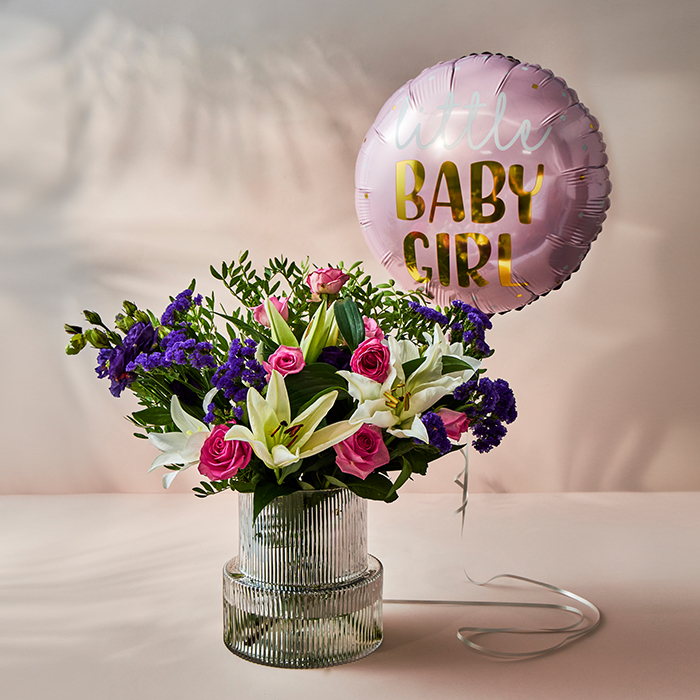 Purple Passion Flower Bouquet with Baby Girl Balloon - FREE DELIVERY