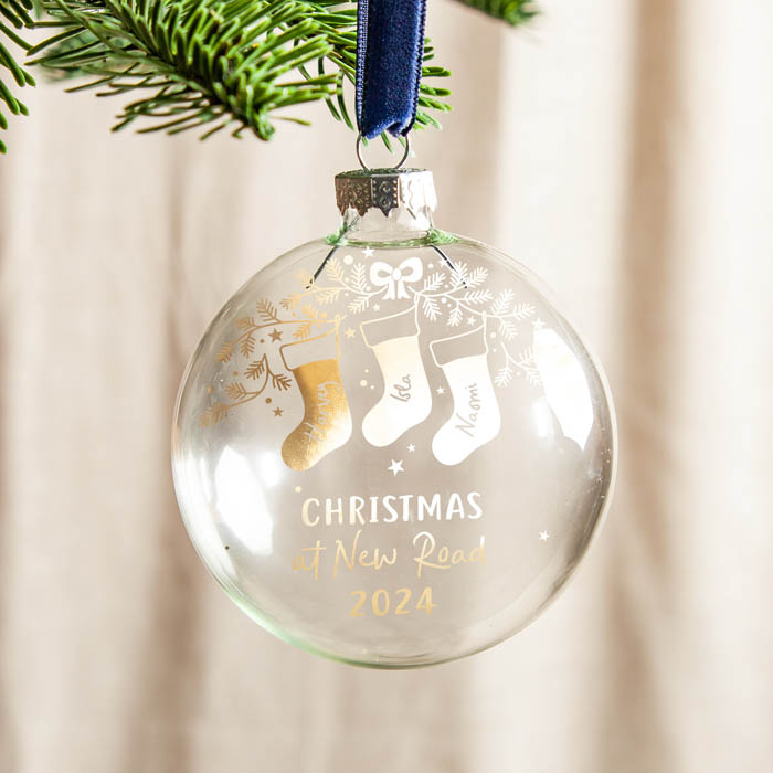 Personalised Christmas Stockings Family Foiled Glass Bauble