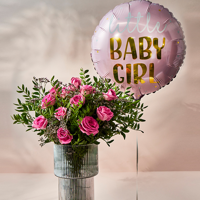 Dozen Pink Roses Flower Bouquet with Baby Girl Balloon - FREE DELIVERY