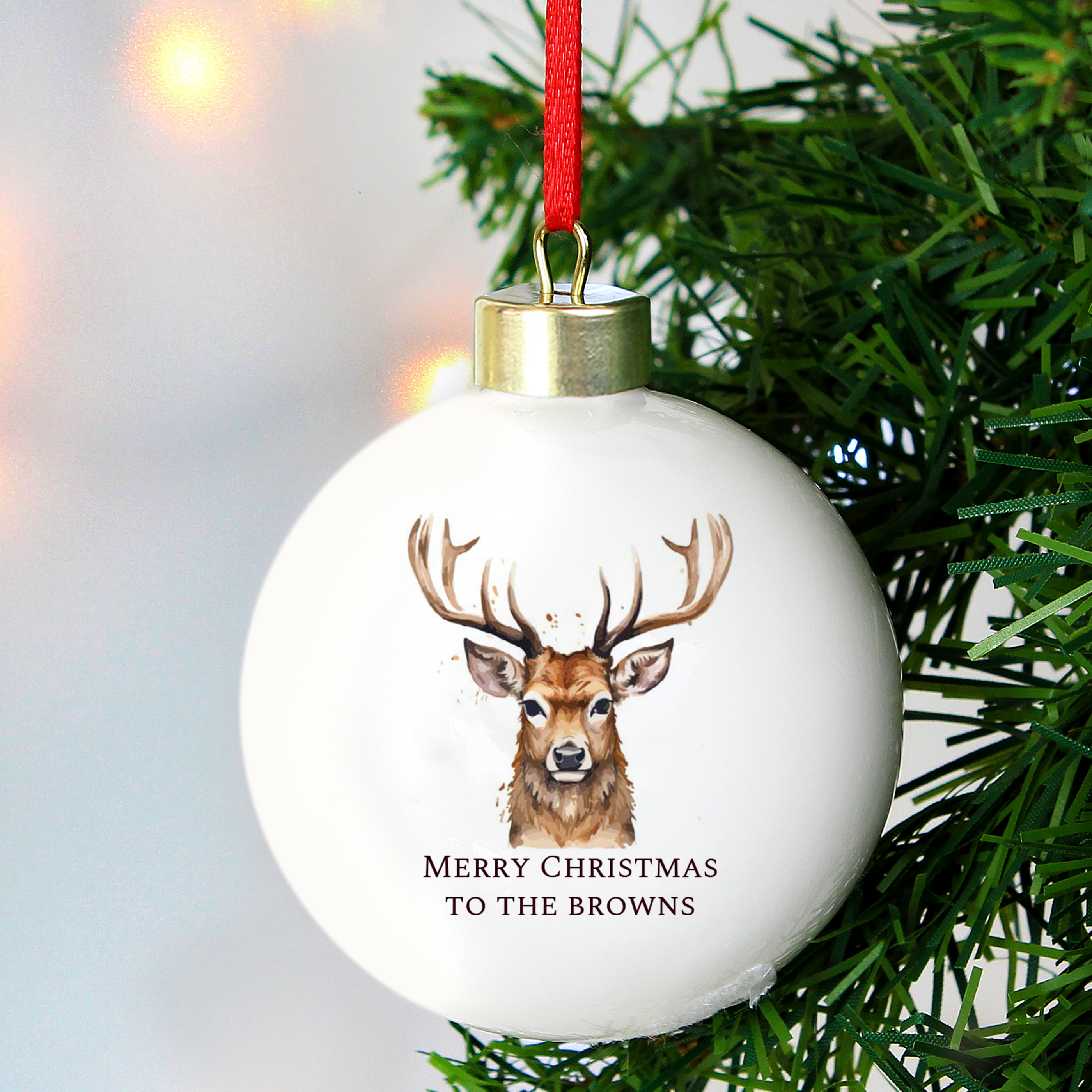 Personalised Water Colour Stag Ceramic Bauble