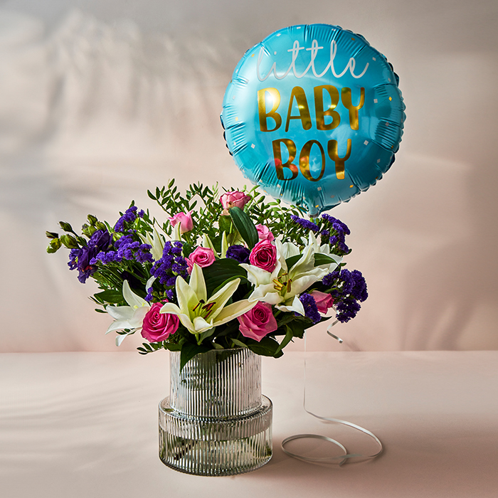 Purple Passion Flower Bouquet with Baby Boy Balloon - FREE DELIVERY