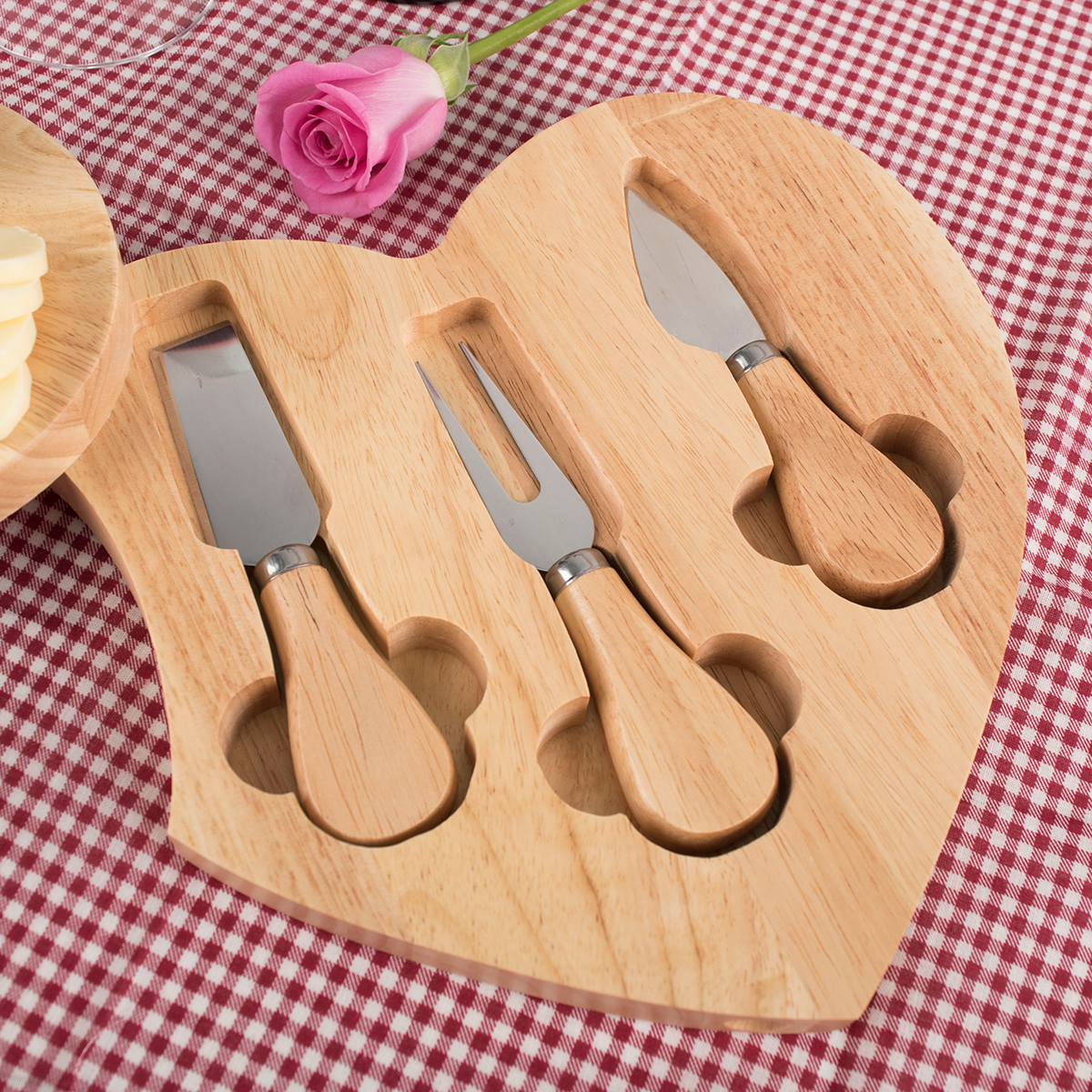 Personalised Heart-Shaped Wooden Cheeseboard Set - Go Together Like Cheese & Wine