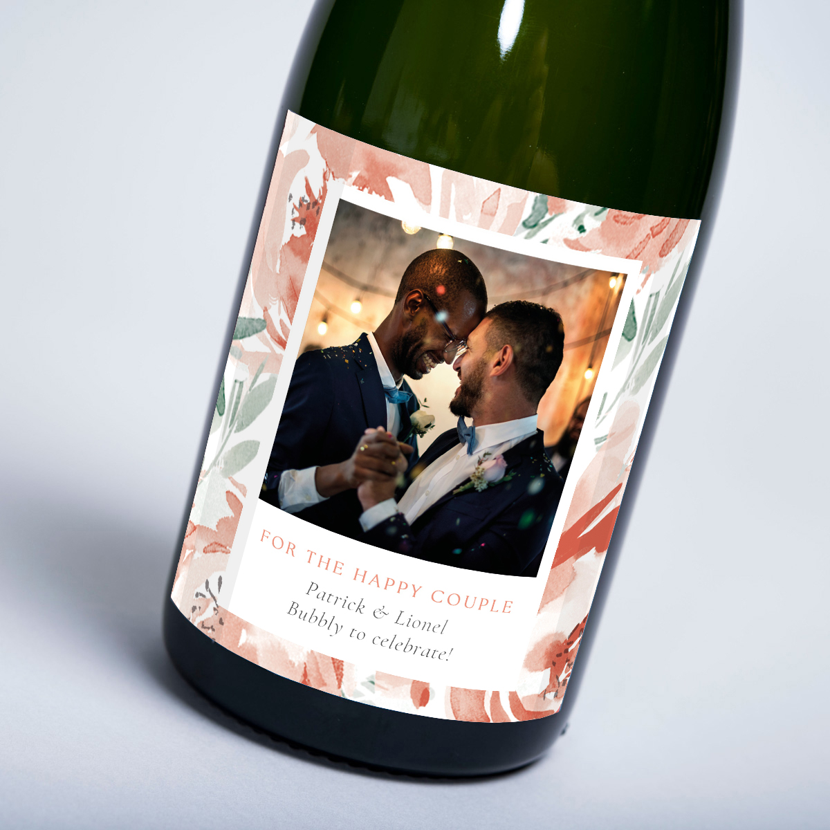 Photo Upload with Message Floral Design Wedding Champagne - For The Happy Couple