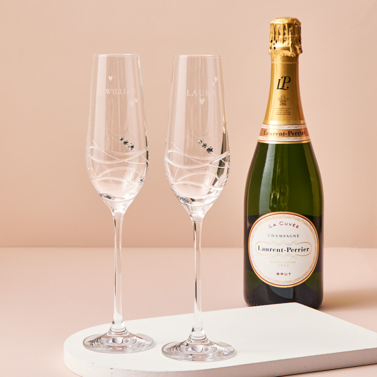 Engraved Set Of Two Swarovski Crystal Champagne Flutes with Laurent-Perrier Champagne - Names and Love Hearts