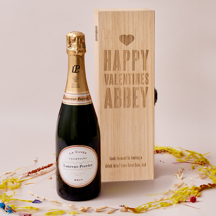 Engraved Wooden Box With Laurent-Perrier Champagne - Happy Valentine's Day