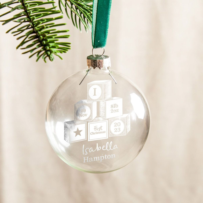 Personalised First Christmas Baby Building Blocks Foiled Glass Bauble