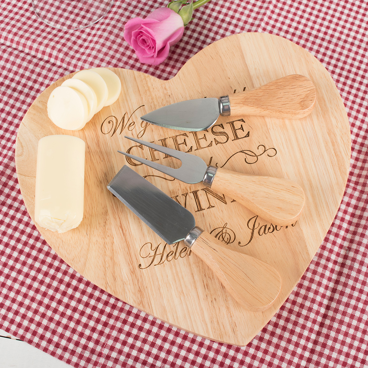 Personalised Heart-Shaped Wooden Cheeseboard Set - Go Together Like Cheese & Wine