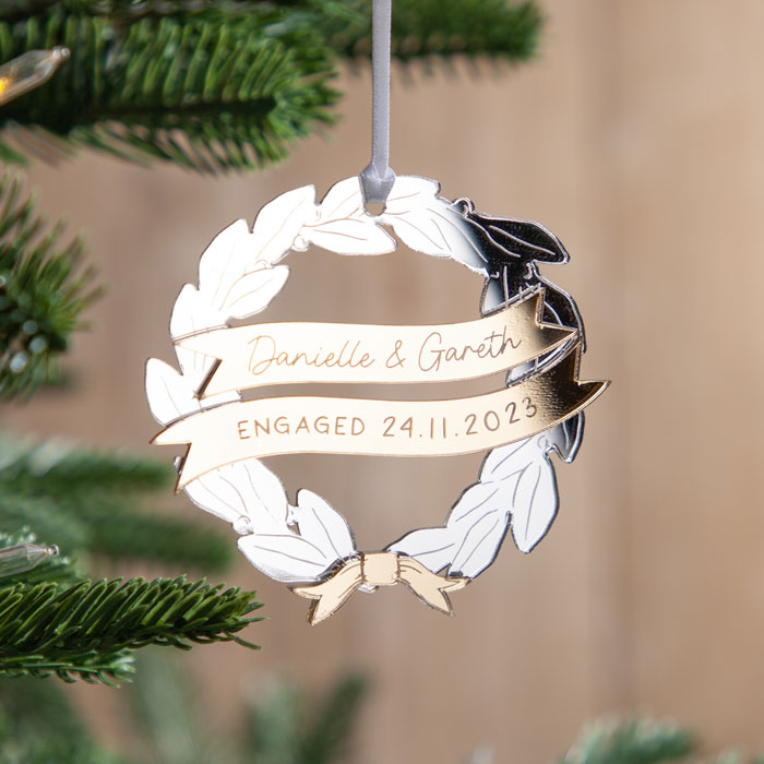 Personalised Metallic Mirror Laurel Wreath Engagement Hanging Decoration