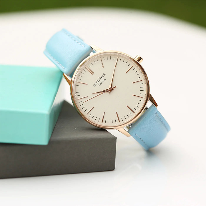 Women's Personalised Watch - Architect Blanc with Modern Font Engraving and Light Blue Strap