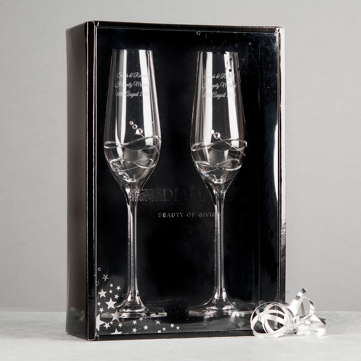 Engraved Set of 2 Crystal Champagne Flutes - Wedding