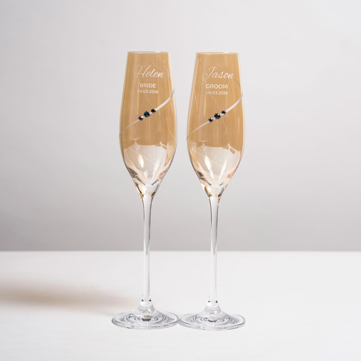 Engraved Amber Swarovski Elements Set Of 2 Diamante Champagne Flutes - Wedding