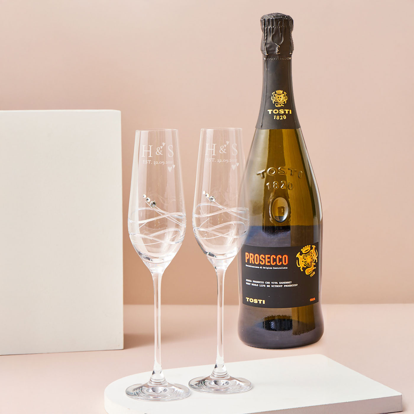 Engraved Set Of Two Swarovski Crystal Champagne Flutes with Prosecco - Initial Love Hearts