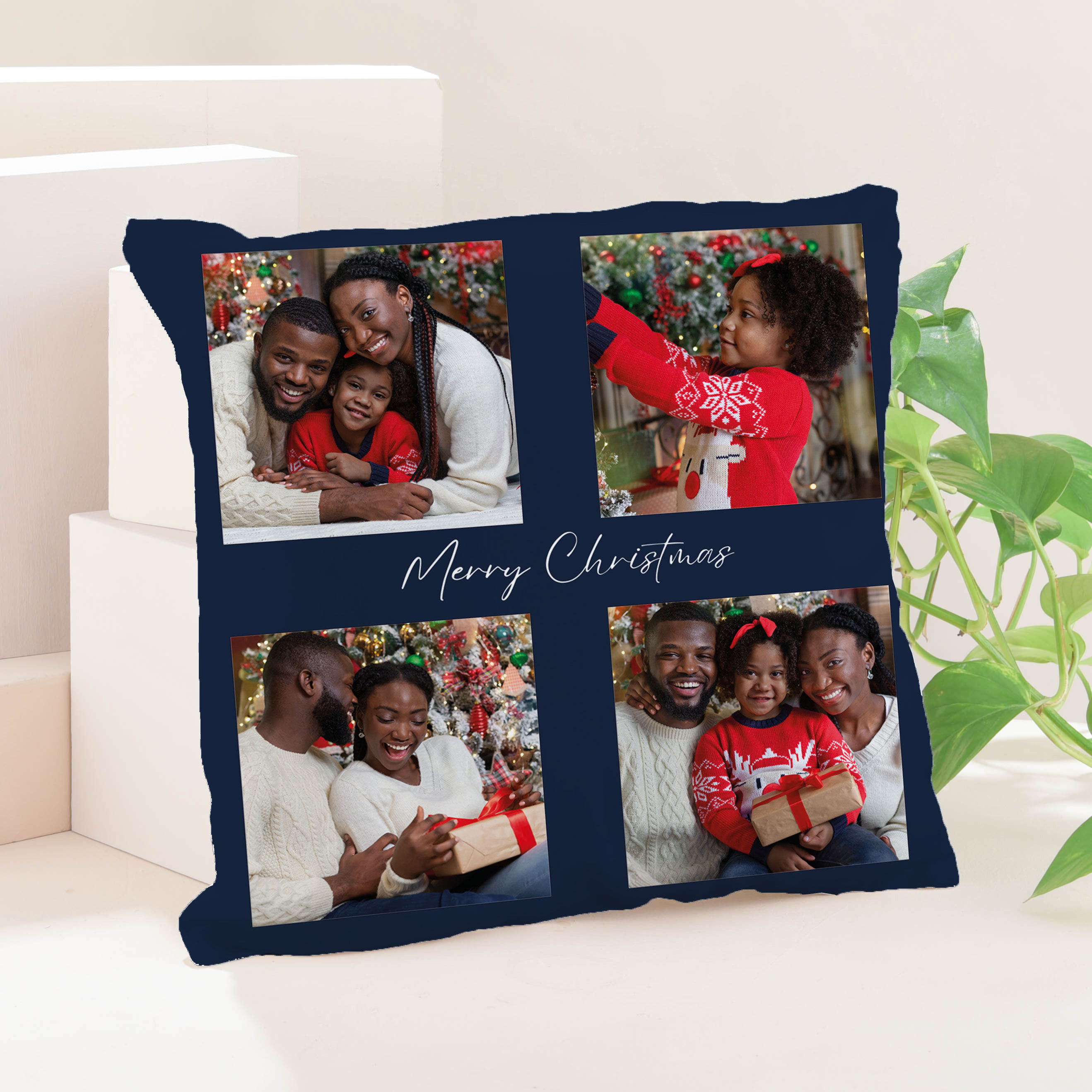 Personalised Photo Upload Cushion - Navy Merry Christmas 