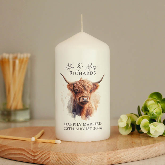 Personalised Highland Cow Pillar Candle