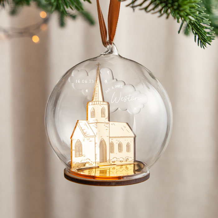 Personalised Metallic Mirror Church Couple's First Christmas Bauble