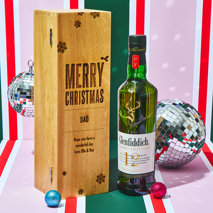 Engraved Wooden Box With Glenfiddich Whisky - Merry Christmas